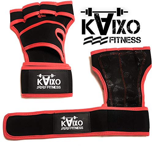 KAIXO FITNESS Guantes de Entrenamiento Gym Crossfit para el Gimnasio. Calleras con muñequera para Levantamiento Pesas, calistenia, Bodybuilding, Gimnasia y Fitness. Hombre y Mujer (Rojo, S)