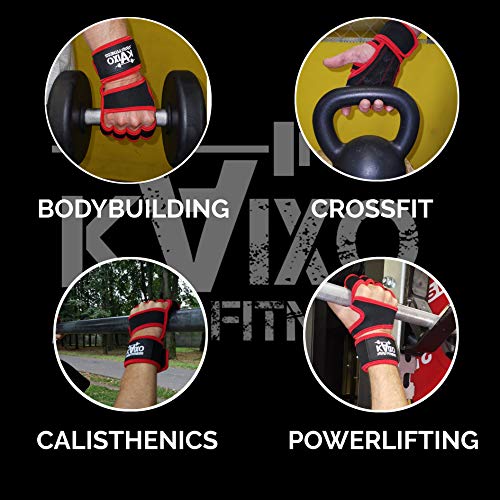 KAIXO FITNESS Guantes de Entrenamiento Gym Crossfit para el Gimnasio. Calleras con muñequera para Levantamiento Pesas, calistenia, Bodybuilding, Gimnasia y Fitness. Hombre y Mujer (Rojo, S)