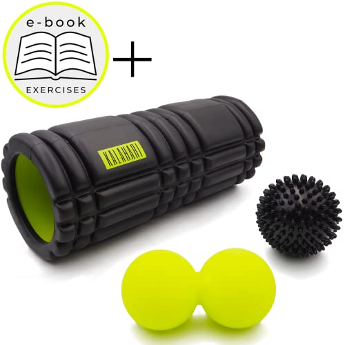 KALAHARI Rodillo de Espuma KIT, 3 en 1 más Ebook ejercicios en Español - Foam Roller, bola Doble, con Pinchos y cómoda Bolsa - Terapia de Trigger Point y Masaje muscular Miofascial