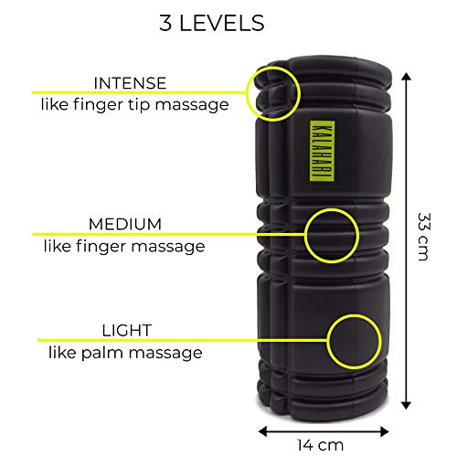 KALAHARI Rodillo de Espuma KIT, 3 en 1 más Ebook ejercicios en Español - Foam Roller, bola Doble, con Pinchos y cómoda Bolsa - Terapia de Trigger Point y Masaje muscular Miofascial