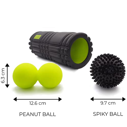 KALAHARI Rodillo de Espuma KIT, 3 en 1 más Ebook ejercicios en Español - Foam Roller, bola Doble, con Pinchos y cómoda Bolsa - Terapia de Trigger Point y Masaje muscular Miofascial