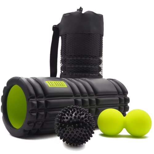 KALAHARI Rodillo de Espuma KIT, 3 en 1 más Ebook ejercicios en Español - Foam Roller, bola Doble, con Pinchos y cómoda Bolsa - Terapia de Trigger Point y Masaje muscular Miofascial