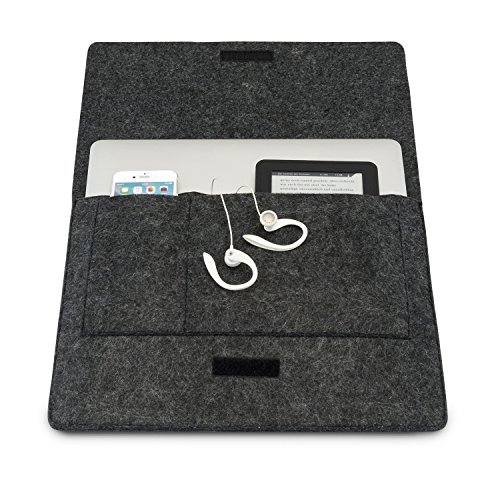 KANVASA Funda Ordenador 11-11.6 y 12 Pulgadas Fieltro para Nuevo MacBook Air (2018) MacBook Pro 13 Surface Pro 3 y 4 MacBook 12" DELL XPS 13 más - Bolso Portatil Estuche Antracita con Piel Negro