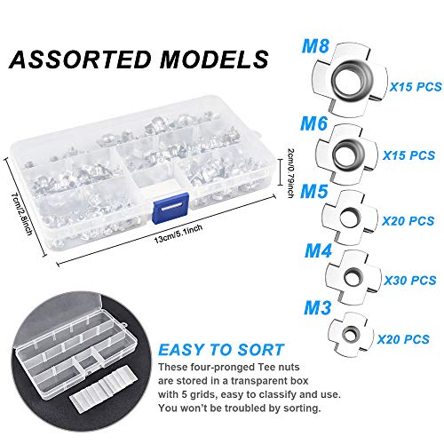 KBNIAN 100 Pcs Tuerca en T de 4 Puntas M3 M4 M5 M6 M8 Tuercas para Madera de Metal Galvanizado Tuerca de Cuatro Puntos Tuerca de 4 Puntas de Bricolaje Fijación de Muebles de Madera y Metal - Plata