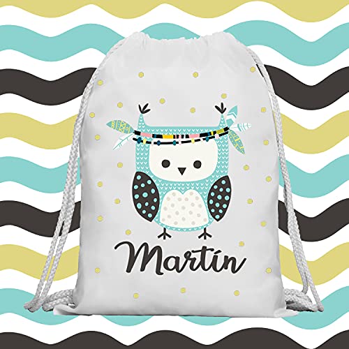 Kembilove Mochila Personalizada con Nombre Infantil – Mochilas Saco Personalizadas con el Nombre del Niño o Niña – Mochila Cuerdas Vuelta al Cole de Buho – Regalo Original Infantil