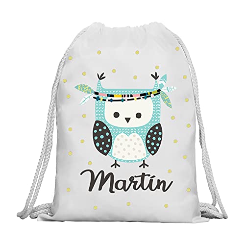 Kembilove Mochila Personalizada con Nombre Infantil – Mochilas Saco Personalizadas con el Nombre del Niño o Niña – Mochila Cuerdas Vuelta al Cole de Buho – Regalo Original Infantil