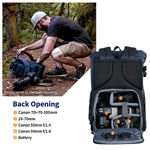 K&F Concept - Mochila Camara Reflex 2 en 1, Mochila Fotografia y Viaje para Camaras y Portátil de 15.6" con Funda Impermeable y Apertura Lateral para Lentes, Drone, Trípode, y Ropa de Viaje, 18L