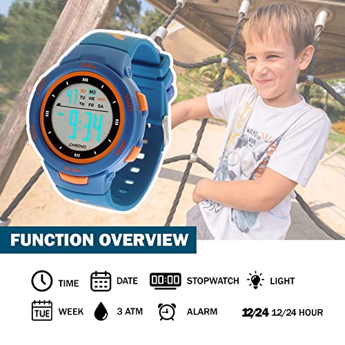 KIDDUS Reloj Digital para niñas y niños. con cronómetro, Calendario, Despertador y luz. Resistente al Agua. Deportivo, Luminoso, de Pulsera, LED. De 5 a 12 años. Dinos