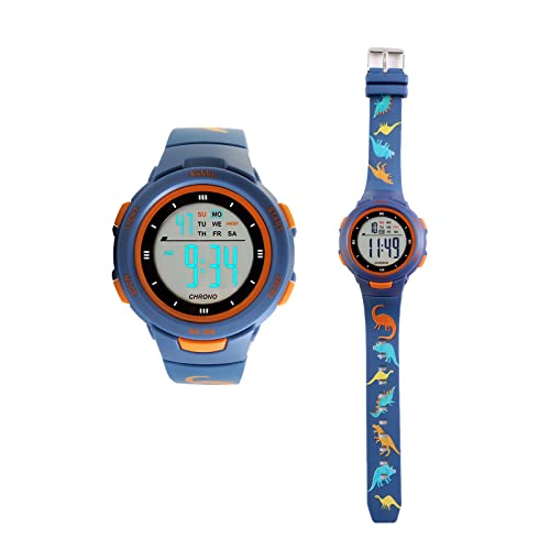 KIDDUS Reloj Digital para niñas y niños. con cronómetro, Calendario, Despertador y luz. Resistente al Agua. Deportivo, Luminoso, de Pulsera, LED. De 5 a 12 años. Dinos