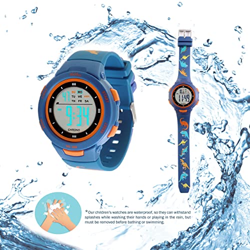 KIDDUS Reloj Digital para niñas y niños. con cronómetro, Calendario, Despertador y luz. Resistente al Agua. Deportivo, Luminoso, de Pulsera, LED. De 5 a 12 años. Dinos