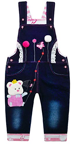 KIDSCOOL SPACE - Mono vaquero para bebé, peto vaquero con osito de dibujos animados para niña, azul, 12-18 meses