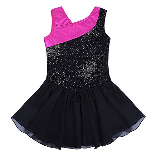 Kidsparadisy - Maillot con falda para niñas de 2 a 15 años, manga larga y sin mangas, con bandas arco iris, para gimnasia, baile y ballet, Infantil, color negro, tamaño 140(8-9T)