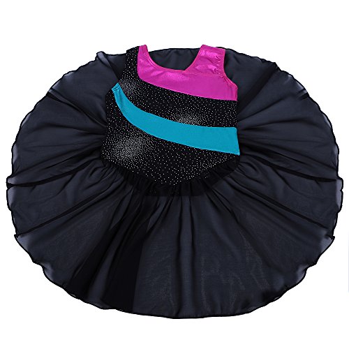 Kidsparadisy - Maillot con falda para niñas de 2 a 15 años, manga larga y sin mangas, con bandas arco iris, para gimnasia, baile y ballet, Infantil, color negro, tamaño 140(8-9T)