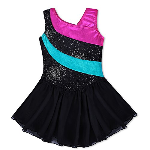 Kidsparadisy - Maillot con falda para niñas de 2 a 15 años, manga larga y sin mangas, con bandas arco iris, para gimnasia, baile y ballet, Infantil, color negro, tamaño 140(8-9T)