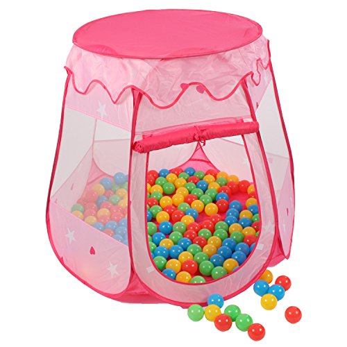 KIDUKU® Tienda de campaña Infantil + 100 Bolas + Bolsa casita de Tela para Jugar Piscina de Bolas Castillo para Interior y Exterior (Rosa)