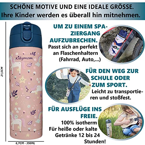 KIDYMOM Botella Agua Acero Inoxidable para Niños Prueba De Agua +Bolsa de Transporte Gratuita, Cantimplora Infantil Termica Reutilizable Sin BPA, Termo Liquido Bebe 350ml, Botellas Regalo Niña