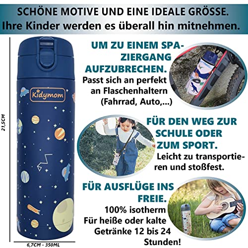 KIDYMOM Botella Agua Acero Inoxidable para Niños Prueba De Agua +Bolsa de Transporte Gratuita, Cantimplora Infantil Termica Reutilizable Sin BPA, Termo Liquido Bebe 350ml, Botellas Regalo Niña