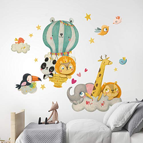 kina R00523 Pegatina Pared Suave Efecto Tejido Reposicionable Animales Globo aerostático Decoración Pared Niño Bebé Habitación Infantil Papel Pintado Adhesivo