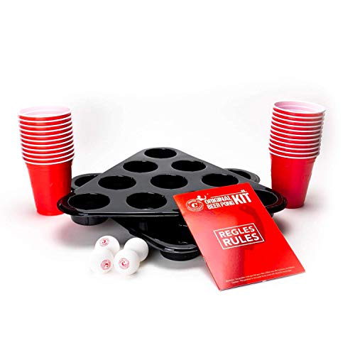 Kit de Beer Pong Oficial Original | Paquete Completo Oficial de Beer Pong 22 Copas Rojas | 2 Rejillas espaciadoras | 4 Bolas | Reglas Oficiales | Juego de Beber | Juego de Fiesta | OriginalCup®