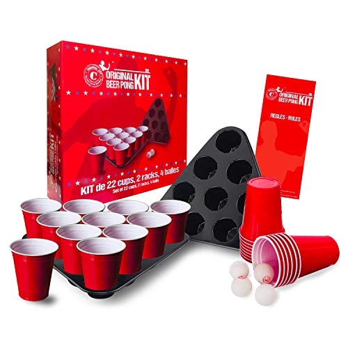 Kit de Beer Pong Oficial Original | Paquete Completo Oficial de Beer Pong 22 Copas Rojas | 2 Rejillas espaciadoras | 4 Bolas | Reglas Oficiales | Juego de Beber | Juego de Fiesta | OriginalCup®