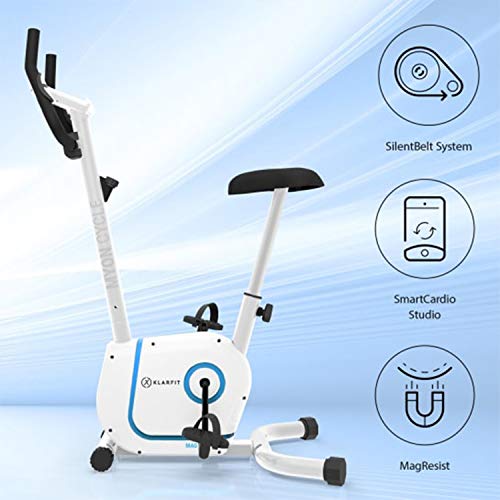 KLAR FIT Myon Cycle - bicicletas estaticas, Bicicleta estática, Volante de inercia de 12kg, bici estatica, tecnología Silent Belt, 8 Niveles, Pulsómetro, Altura Regulable, Soporte para Tablet, Blanco