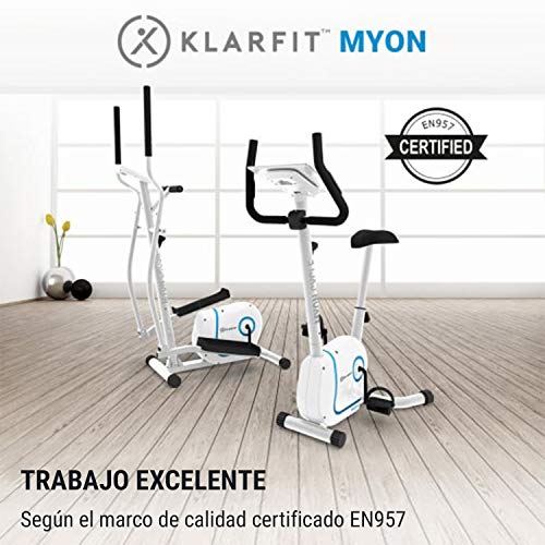 KLAR FIT Myon Cycle - bicicletas estaticas, Bicicleta estática, Volante de inercia de 12kg, bici estatica, tecnología Silent Belt, 8 Niveles, Pulsómetro, Altura Regulable, Soporte para Tablet, Blanco