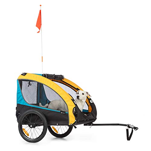 Klarfit Husky Race Carrito para Perros, Carro para Perros, Cochecito Perro, Remolque de Bicicleta para Perros - 282 L, Revestimiento Impermeable de PVC, Plegable, Resistencia 40 kg, Azul/Amarillo