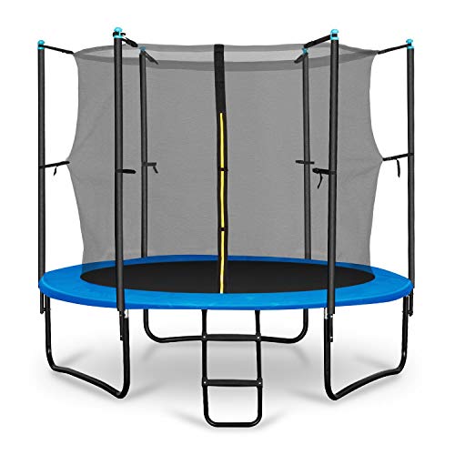 Klarfit Rocketboy - Cama elástica, Cama elástica Exterior, Red de Seguridad, Superficie Base 250 cm diámetro, Carga máx. 150 kg, Sujeción 3 Patas, Varillas Acolchadas, Lona Resistente Rayos UV, Azul