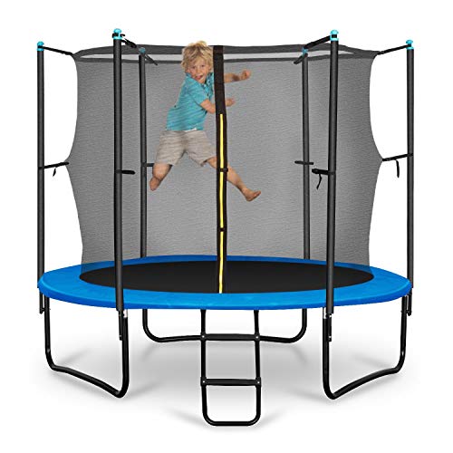 Klarfit Rocketboy - Cama elástica, Cama elástica Exterior, Red de Seguridad, Superficie Base 250 cm diámetro, Carga máx. 150 kg, Sujeción 3 Patas, Varillas Acolchadas, Lona Resistente Rayos UV, Azul