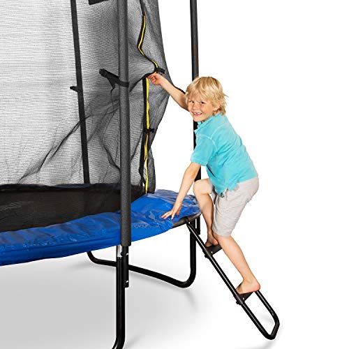 Klarfit Rocketboy - Cama elástica, Cama elástica Exterior, Red de Seguridad, Superficie Base 250 cm diámetro, Carga máx. 150 kg, Sujeción 3 Patas, Varillas Acolchadas, Lona Resistente Rayos UV, Azul