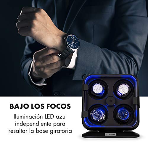 KLARSTEIN Clover Estuche Relojes - 4 Relojes - 3 Modos de rotación - 4 Velocidades - Iluminación LED - Almohadilla Desmontable - Puerta Delantera transprente - Mecanismo de tensión de Resorte - Negro