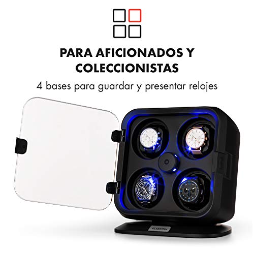 KLARSTEIN Clover Estuche Relojes - 4 Relojes - 3 Modos de rotación - 4 Velocidades - Iluminación LED - Almohadilla Desmontable - Puerta Delantera transprente - Mecanismo de tensión de Resorte - Negro