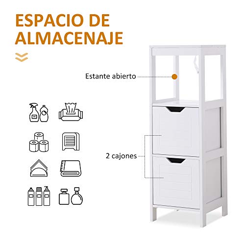 kleankin Armario de Baño Gabinete Multifuncional con Estante Abierto 2 Cajones de Almacenaje Diseño Antivuelco 30x30x89 cm Blanco