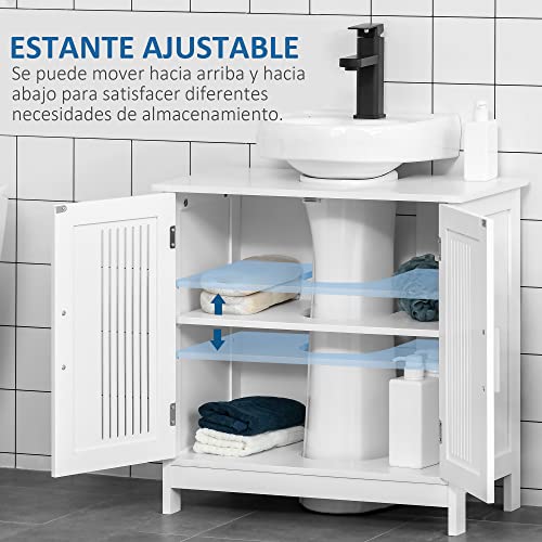 kleankin Mueble para Debajo del Lavabo Armario Baño de Suelo de Madera con 2 Puertas Ventiladas y Estante Ajustable Interior Moderno 60x30x60 cm Blanco