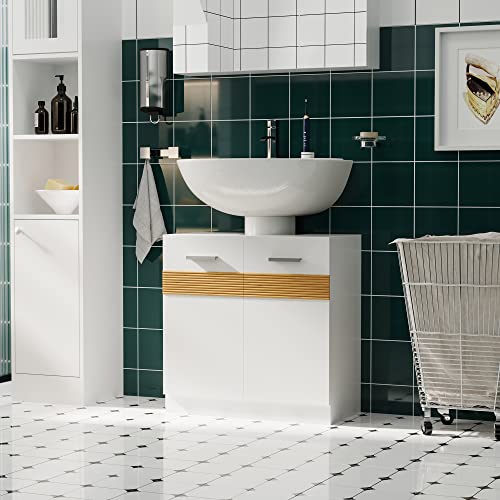 kleankin Mueble para Debajo del Lavabo Armario Baño de Suelo de Madera con 2 Puertas y Estante Interior Estilo Moderno 60x30x60,5 cm Blanco