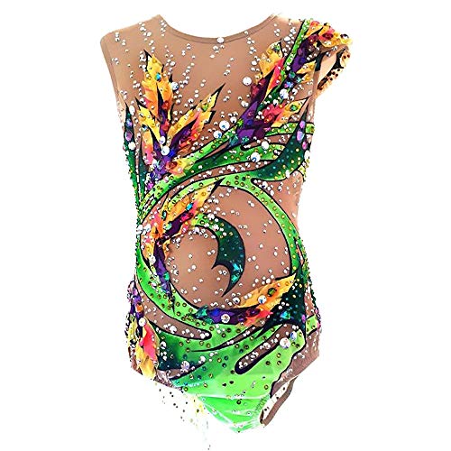 Kmgjc Leotardo de Gimnasia rítmica Vestido de Patinaje artístico Femenino para niñas Traje de Competencia de competición Spandex Rhinestone Patinaje Hecho a Mano Ropa sin Mangas,Verde,XL