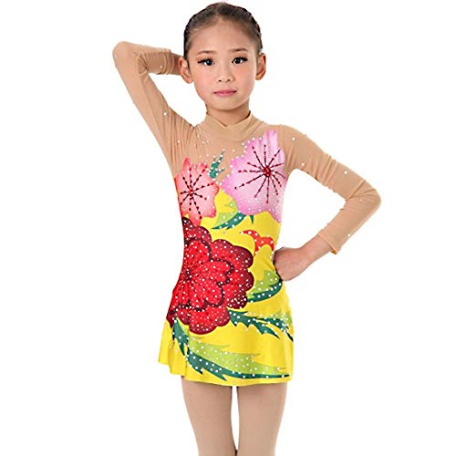 Kmgjc Los Leotardos Gimnasia rítmica artístico del Ballet Danza Kid Formación de Competencia Maillots Manga Gimnasia Femenina de Las niñas Leotardo Amarillo de Hecha a Mano Larga,Amarillo,Child12