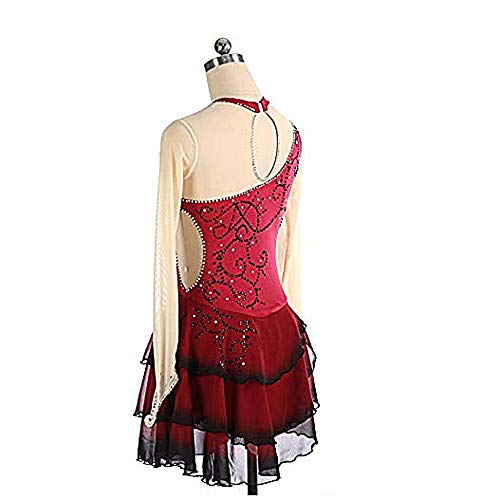 Kmgjc Vestido Patinaje ArtíStico，Femenino Hecho A Mano De Vino Tinto Vino Artístico Competencia De Patinaje Artístico Disfraz De Cristal De Tres Capas De Manga Larga Medias (Color : Winred, Size : L)