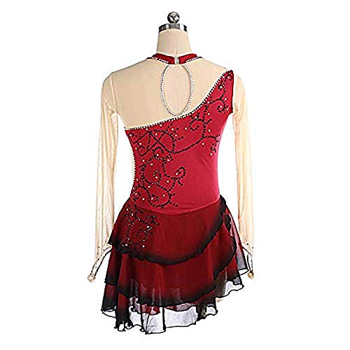 Kmgjc Vestido Patinaje ArtíStico，Femenino Hecho A Mano De Vino Tinto Vino Artístico Competencia De Patinaje Artístico Disfraz De Cristal De Tres Capas De Manga Larga Medias (Color : Winred, Size : L)