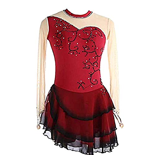 Kmgjc Vestido Patinaje ArtíStico，Femenino Hecho A Mano De Vino Tinto Vino Artístico Competencia De Patinaje Artístico Disfraz De Cristal De Tres Capas De Manga Larga Medias (Color : Winred, Size : L)