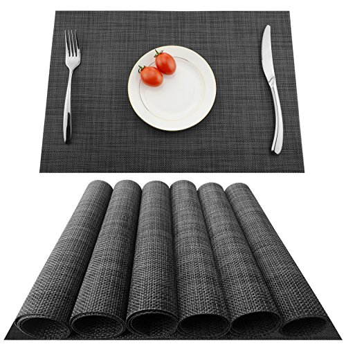 KOKAKO Manteles Individuales 6 Piezas,Lavables PVC Salvamanteles Individuales Repelentes de Suciedad para la Mesa de Comedor de Cocina,Gris Oscuro