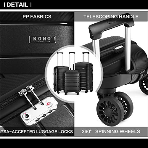 Kono Equipaje Grande Ligero con Ruedas giratorias y Cerradura TSA, Maletas Cremallera YKK,Estuche rígido de Trolley de Viaje (Negro)