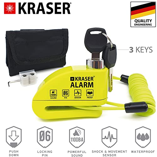 KRASER 6Y Candado Moto Bici Antirrobo Alarma de Disco Certificación CE Cable Recordatorio + Bolsa de Transporte, Universal Motocicleta Scooter Bicicleta Patinete Eléctrico, 110dB Impermeable