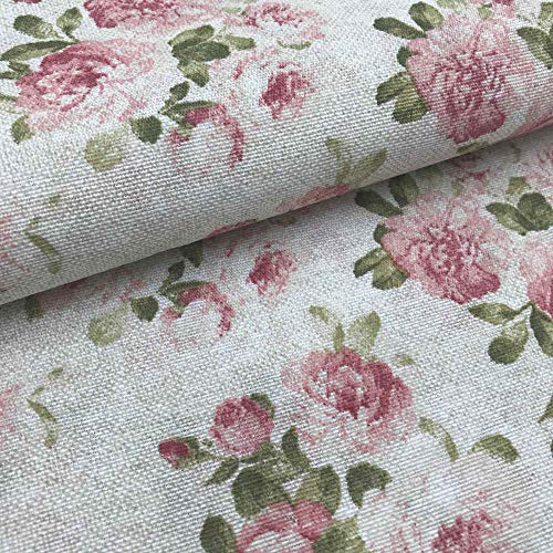 Kt KILOtela Tela de loneta Estampada - Retal de 100 cm Largo x 280 cm Ancho | Floral Málaga - Rosa, Verde, Beige ─ 1 Metro