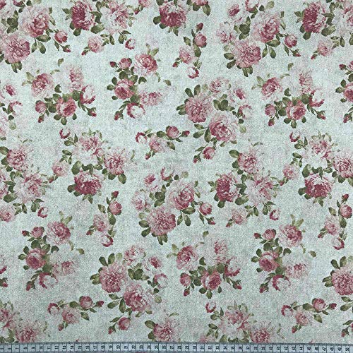 Kt KILOtela Tela de loneta Estampada - Retal de 100 cm Largo x 280 cm Ancho | Floral Málaga - Rosa, Verde, Beige ─ 1 Metro