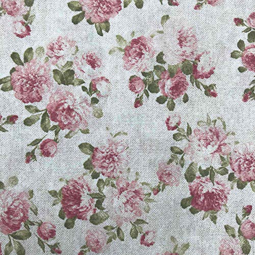 Kt KILOtela Tela de loneta Estampada - Retal de 100 cm Largo x 280 cm Ancho | Floral Málaga - Rosa, Verde, Beige ─ 1 Metro