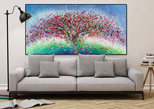 Kunstloft® Extraordinario Cuadro al óleo 'Despertar primaveral' 200x100cm | Original Pintura XXL Pintado a Mano sobre Lienzo | Flores del árbol Rojo Azul | Mural de Arte Moderno en una Pieza