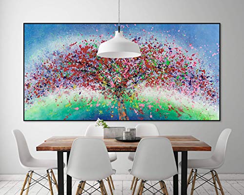 Kunstloft® Extraordinario Cuadro al óleo 'Despertar primaveral' 200x100cm | Original Pintura XXL Pintado a Mano sobre Lienzo | Flores del árbol Rojo Azul | Mural de Arte Moderno en una Pieza