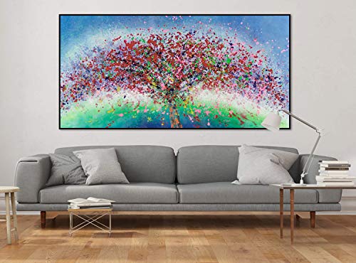 Kunstloft® Extraordinario Cuadro al óleo 'Despertar primaveral' 200x100cm | Original Pintura XXL Pintado a Mano sobre Lienzo | Flores del árbol Rojo Azul | Mural de Arte Moderno en una Pieza