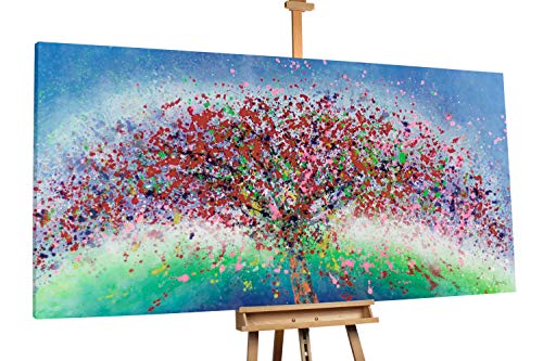 Kunstloft® Extraordinario Cuadro al óleo 'Despertar primaveral' 200x100cm | Original Pintura XXL Pintado a Mano sobre Lienzo | Flores del árbol Rojo Azul | Mural de Arte Moderno en una Pieza